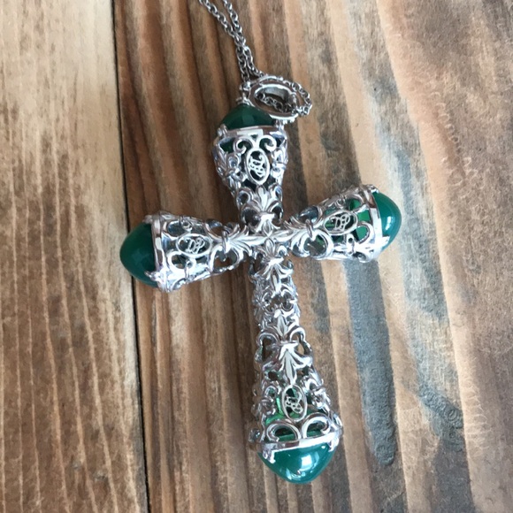 Ornate Sterling Cross Necklace with Green Onyx - Picture 3 of 5